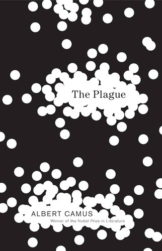 Cover of a paperback edition of The Plague by Albert Camus, showing a stylized rendering of a quarantined coastal town