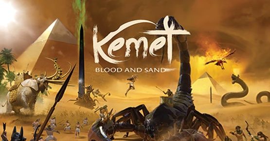 Box art for Kemet: Blood and Sand, showing a giant scorpion creature and Egyptian warriors clashing beneath pyramids in a golden desert haze