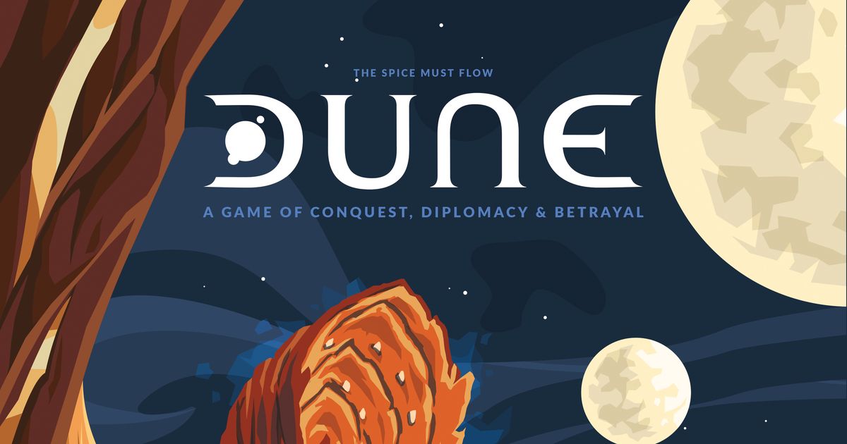 Box art for the GF9 edition of Dune, showing a sandworm rising from the desert beneath a large sun