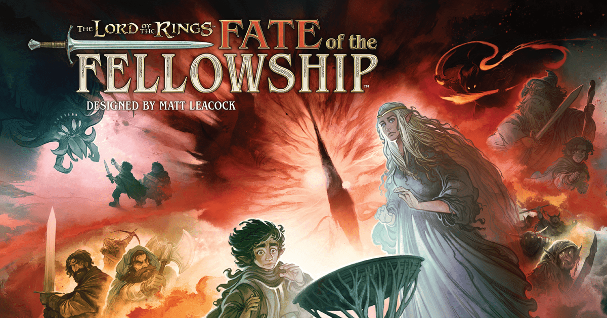 Box art for The Lord of the Rings: Fate of the Fellowship, showing the fellowship members silhouetted against a map of Middle-earth