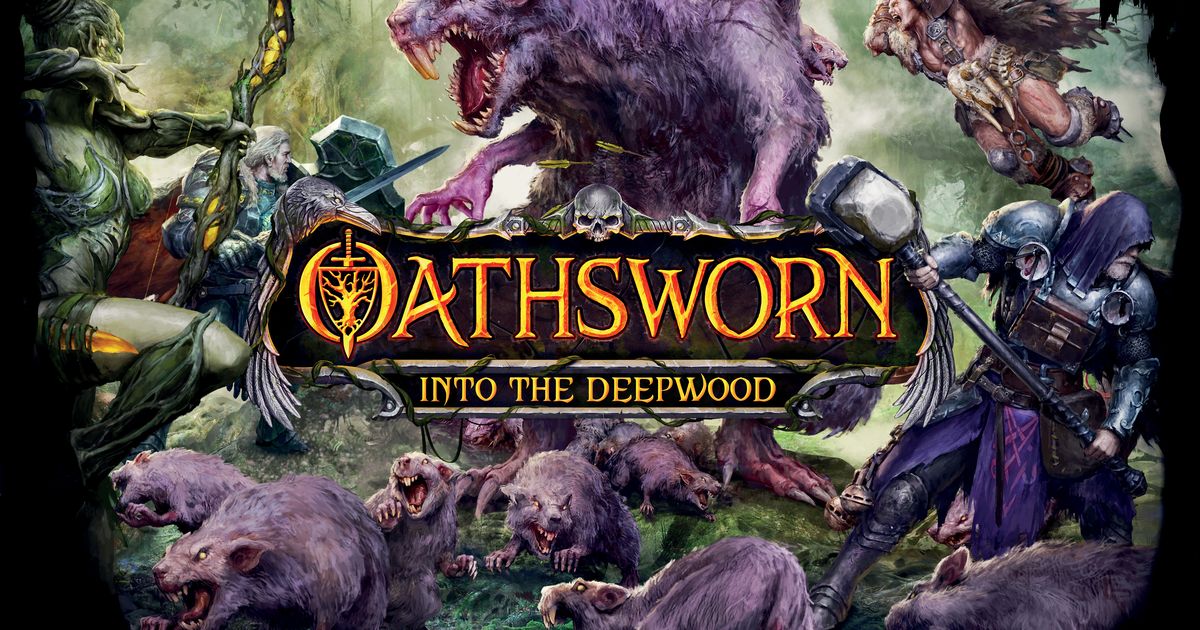 Box art for Oathsworn: Into the Deepwood, showing a lantern-lit forest scene with hooded adventurers approaching a massive tree-like monster
