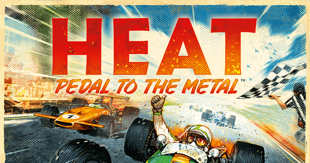 Box art for Heat: Pedal to the Metal, showing colorful race cars speeding around a curved track