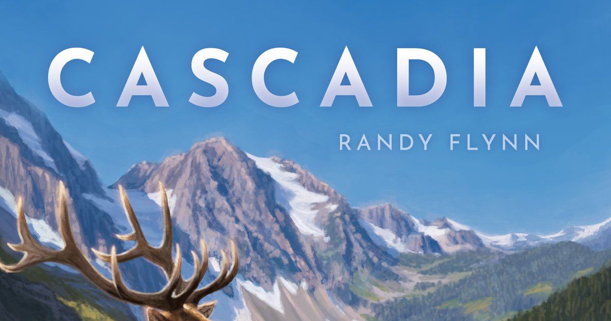 Box art for Cascadia, showing a stylized Pacific Northwest landscape with forest, river, and wildlife icons