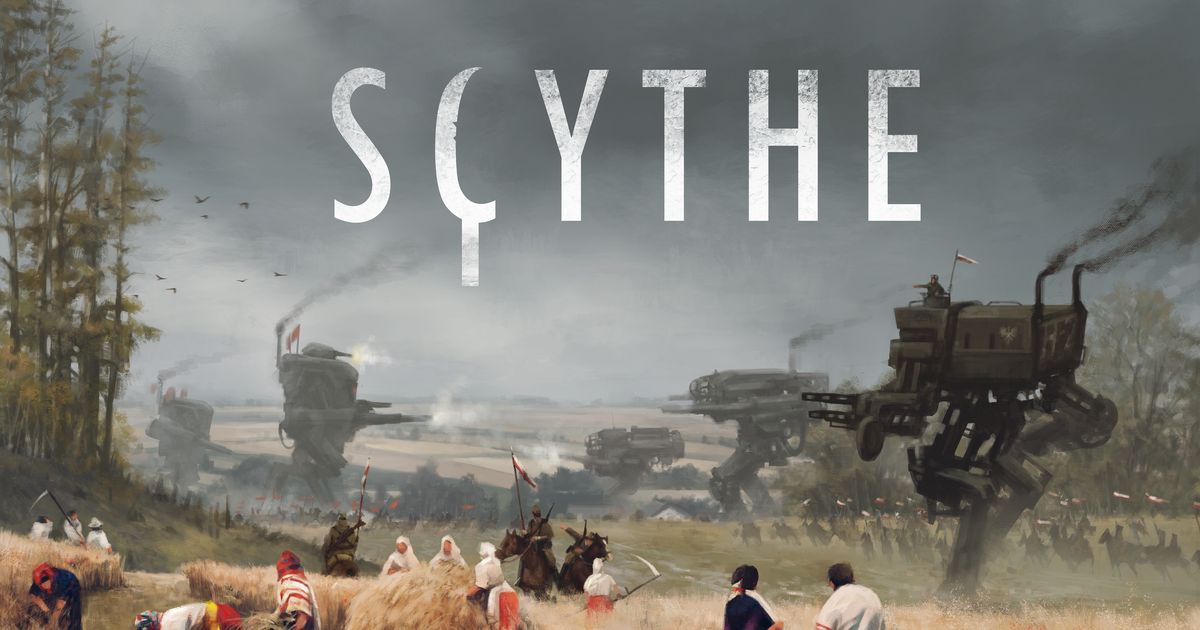 Box art for Scythe, showing a lone figure standing atop a mechanized walker overlooking a pastoral 1920s-inspired landscape