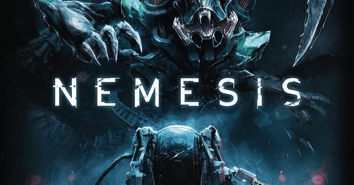 Box art for Nemesis, showing a menacing alien creature stalking the corridor of a spaceship